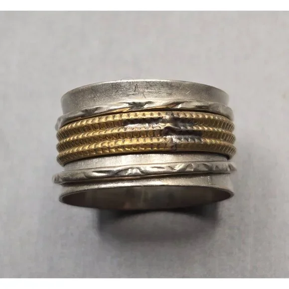 VTG Sterling Silver Brass Spinner Ring Size 8.5 Signed DDM 12.8mm Band 8.39g - Picture 2 of 7